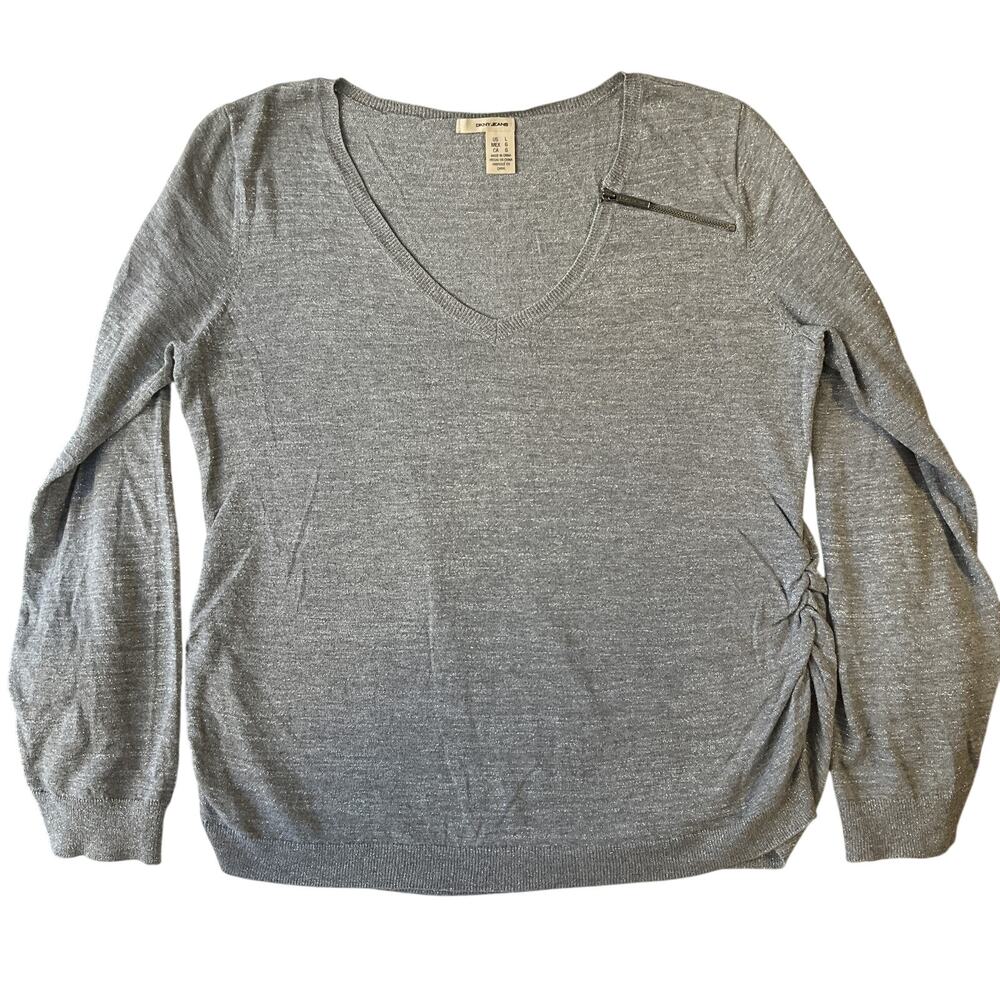 DKNY JEANS Women Knit Blouse L Gray Zipper Ruched Long Sleeve V-neck Lightweight